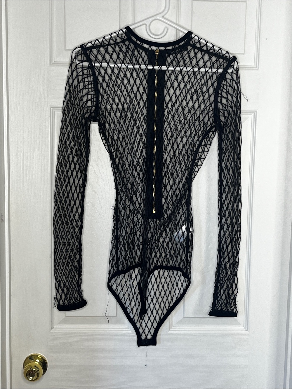 Balmain Black Fishnet Long-Sleeve Bodysuit with Gold Zip